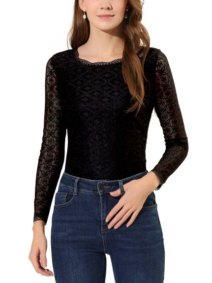 Allegra K- Round Neck Long Sleeve Embroidery Lace Blouse