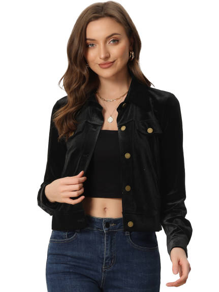 Allegra K - Velvet Button Up Cropped Casual Jacket