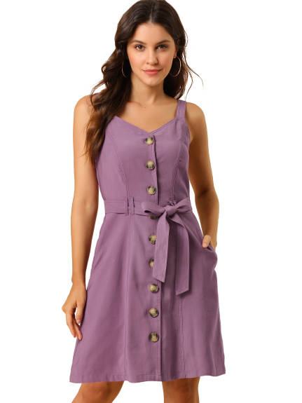 Allegra K- Belted Spaghetti Strap Button Dress