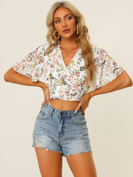 Allegra K - Floral V Neck Smocked Crop Top