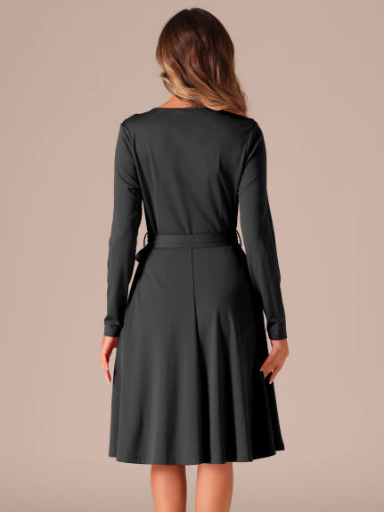 Allegra K - Long Sleeve Tie Waist Pleated Business Dress