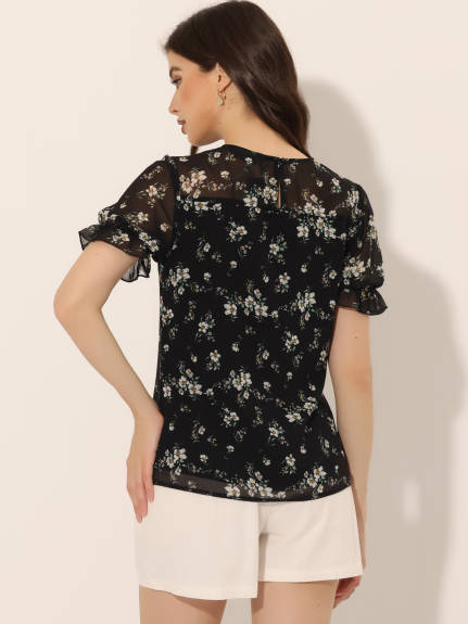 Allegra K- Chiffon Ruffled Trim Floral Blouse