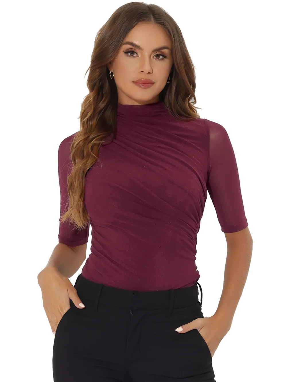 Allegra K- Mock Neck Stretch Slim Fit Sheer Mesh Ruched Top