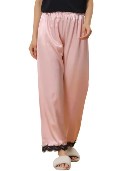 cheibear - Satin Wide-leg Lace Trim Sleep Pants