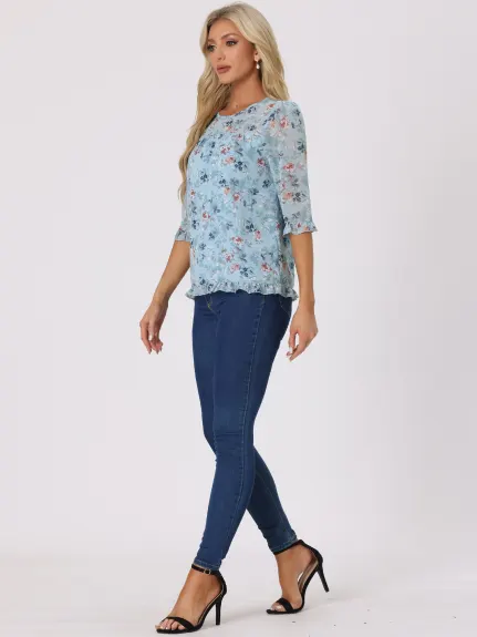 Allegra K- Floral Ruffled 3/4 Sleeve Chiffon Blouses