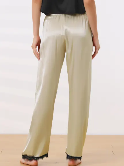 cheibear - Satin Wide-leg Lace Trim Sleep Pants