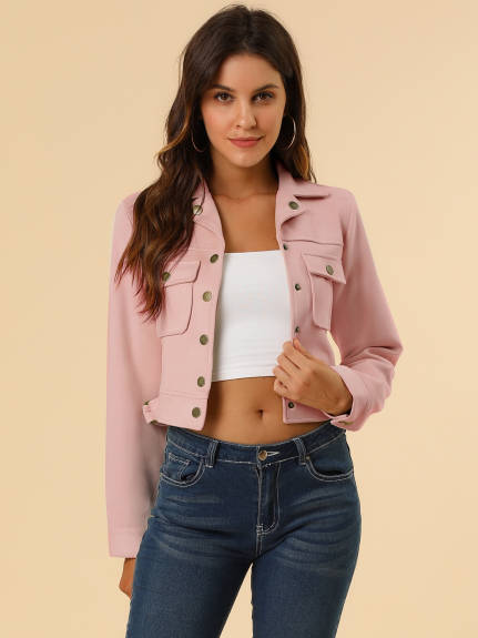 Allegra K- Faux Suede Notched Collar Button Up Cropped Jacket