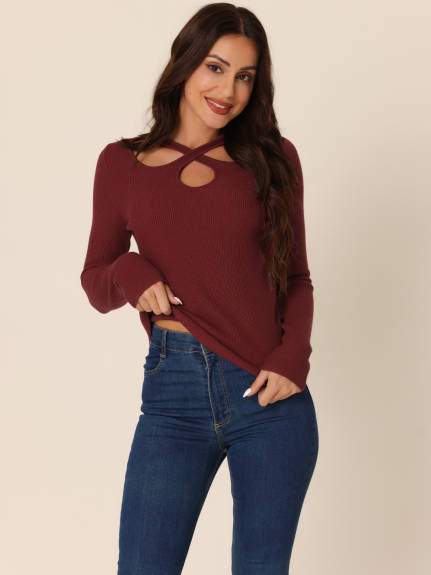 Allegra K- Ribbed Knitted Cut Out Pullover Sweater Top