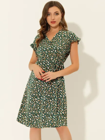 Allegra K- Floral Ruffle Sleeve Belted Midi Dress