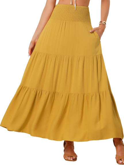 Allegra K- Elastic High Waist Boho Tiered Summer Maxi Skirt