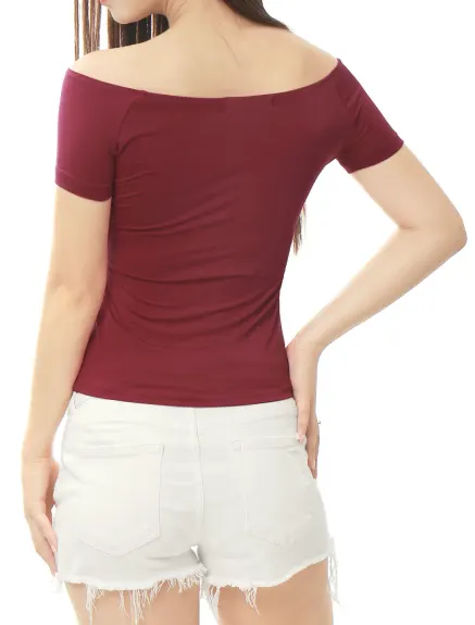 Allegra K- Off Shoulder Solid Slim Fit Tees