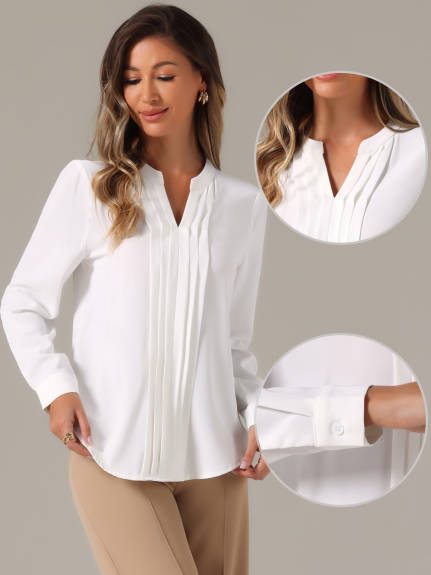 Allegra K - Pleated Front V Neck Business Blouse