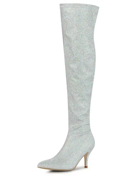 Allegra K - Glitter Stiletto Heel Over-the-Knee High Boots