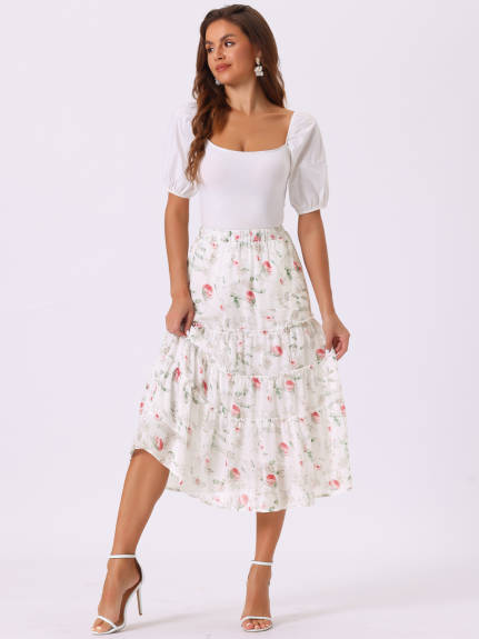 Allegra K- Floral Tiered A-Line Long Chiffon Skirts