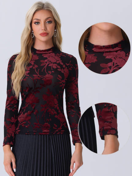 Allegra K - Mock Neck Velvet Floral Print Mesh Top