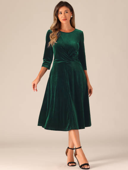 Allegra K - Velvet Crew Neck A Line Midi Dress