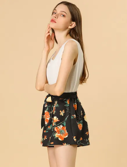 Allegra K - Printed Elastic Tie Waist Summer Beach Shorts