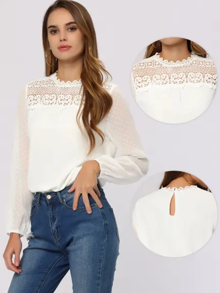 Allegra K- Lace Crochet Crew Neck Chiffon Blouse