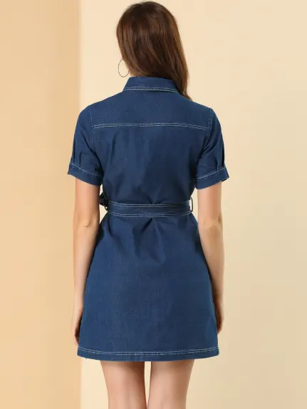 Allegra K- Belted Jean Denim ShirtDress