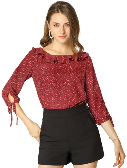 Allegra K- Ruffled Neck Half Sleeve Sheer Polka Dots Blouse