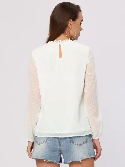 Allegra K- Lace Crochet Crew Neck Chiffon Blouse