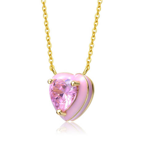 Collier avec pendentif cœur en émail rose plaqué or jaune 14 carats avec oxyde de zirconium rose