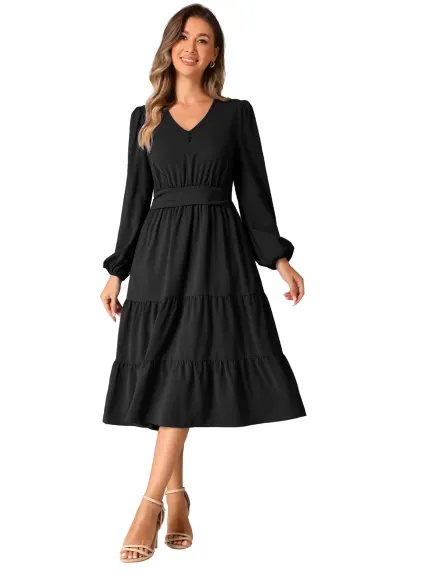 INSPIRE CHIC - V Neck Lantern Sleeve Ruffle Flowy Dress