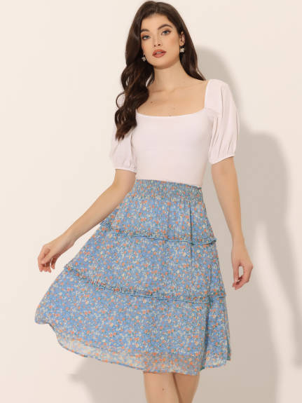 Allegra K- Floral Smocked Waist Ruffle Tiered Skirt