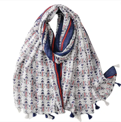 Navy and Red Scandinavian Fish Scarf with Tassels - Don't AsK