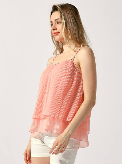 Allegra K - Double-Layer Pleated Ruffle Spaghetti Strap Top