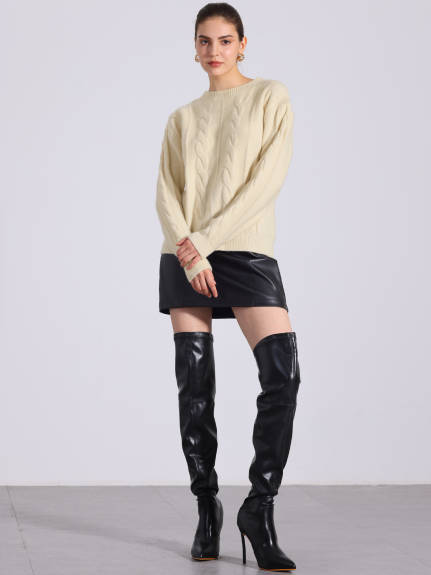 Allegra K - Long Sleeve Cable Knit Crewneck Sweater