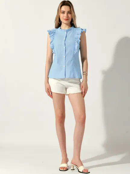 Allegra K - Ruffle Sleeveless Button Up Shirt