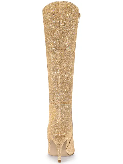 Allegra K - Glitter Stiletto Heel Knee High Boots