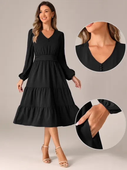 INSPIRE CHIC - V Neck Lantern Sleeve Ruffle Flowy Dress