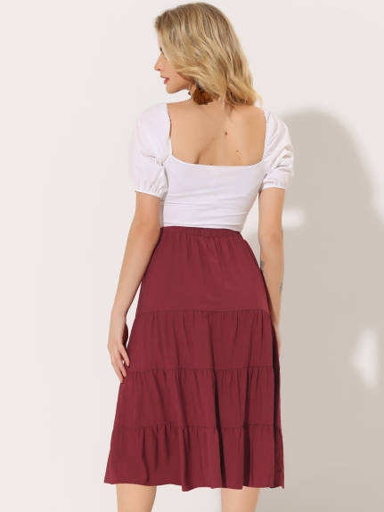 Allegra K- Elastic Waist Tiered A-Line Midi Skirt