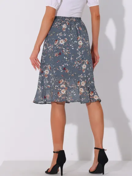 Allegra K- Floral Ruffle A-Line Split Midi Skirt