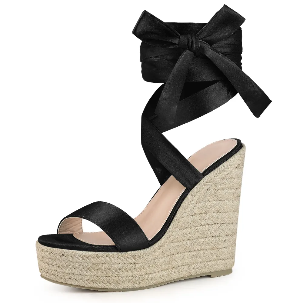 Allegra K - Platform Espadrilles Satin Lace Up Wedge Sandals