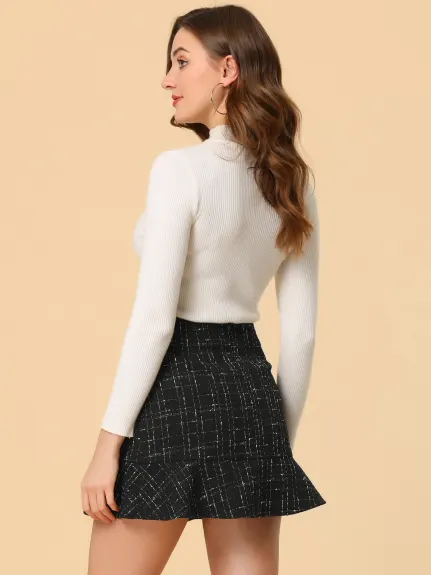 Allegra K- Plaid Ruffle Hem Tweed Mini Skirt