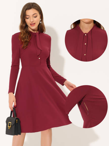 Allegra K- Tie Neck Knit Long Sleeve Midi Sheath Dress