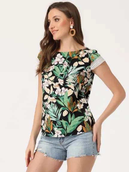 Allegra K- Tropical Boho Crochet Cap Sleeve Top