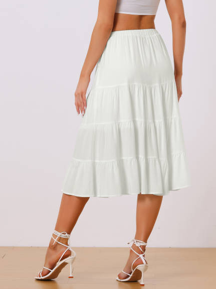 Allegra K- Elastic Waist Tiered A-Line Midi Skirt