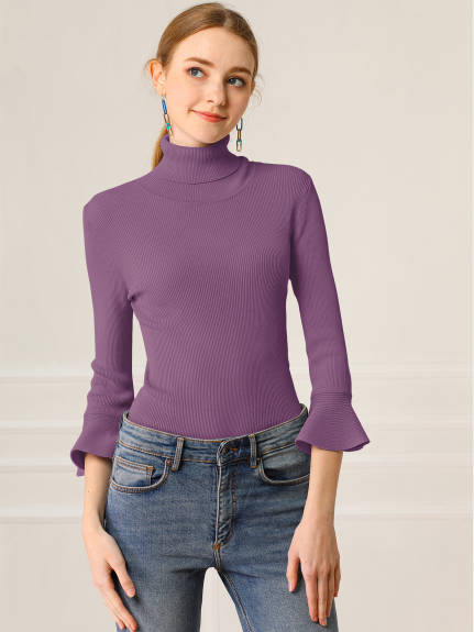 Allegra K- Turtle Neck 3/4 Ruffle Sleeves Pullover Slim Rib Knit Sweater