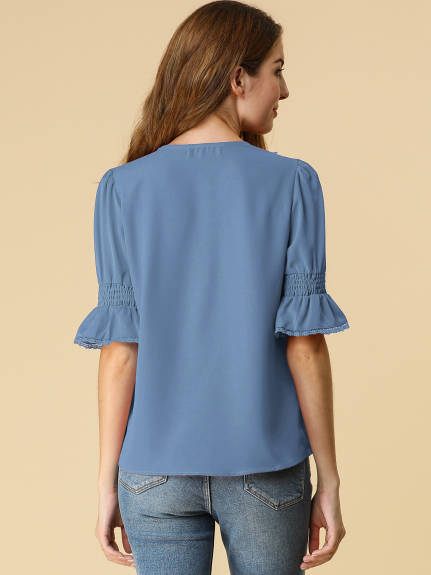 Allegra K- Ruffled V Neck Puff Elbow Sleeve Chiffon Blouse