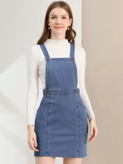 Allegra K- Overall Adjustable Strap A-Line Suspender Denim Dress