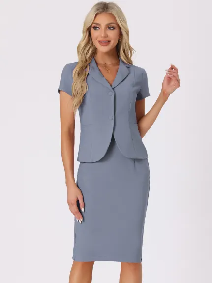 Allegra K- 2 Piece Suit Set Short Sleeve Blazer Jacket Pencil Skirt