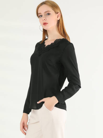 Allegra K - Long Sleeve Casual Lace V Neck Chiffon Shirt