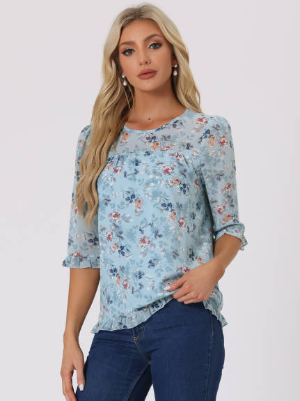 Allegra K- Floral Ruffled 3/4 Sleeve Chiffon Blouses