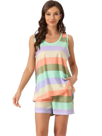 cheibear - Rainbow Stripe Lounge Outfits with Pockets