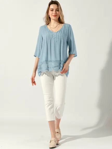 Allegra K - Lace V Neck Summer Lace Hem Top