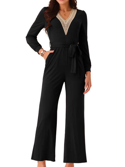 Allegra K - Long Sleeve V Neck Belted Jumpsuit